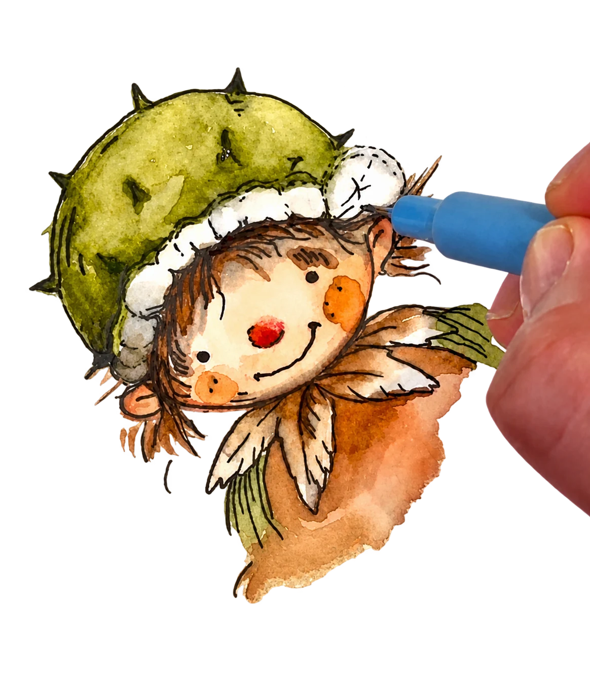 Ruka dokresluje akvarelovou ilustraci skřítka Kuklínka